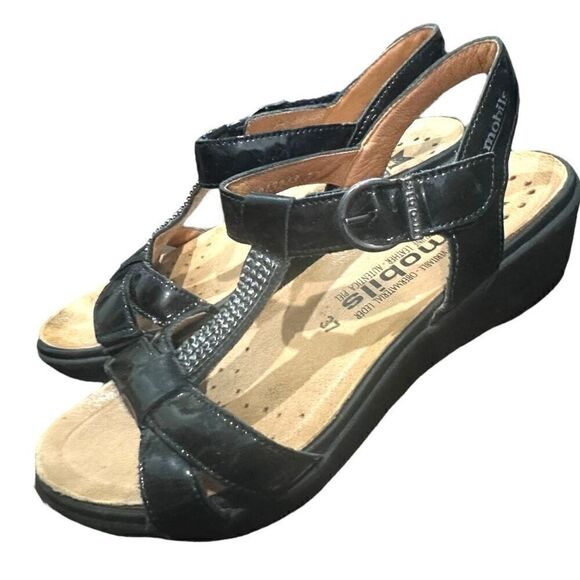 MEPHISTO Mobils Air-Relax Felizia Black Patent Leather Rhinestone Velcro Wedge S - Picture 2 of 11